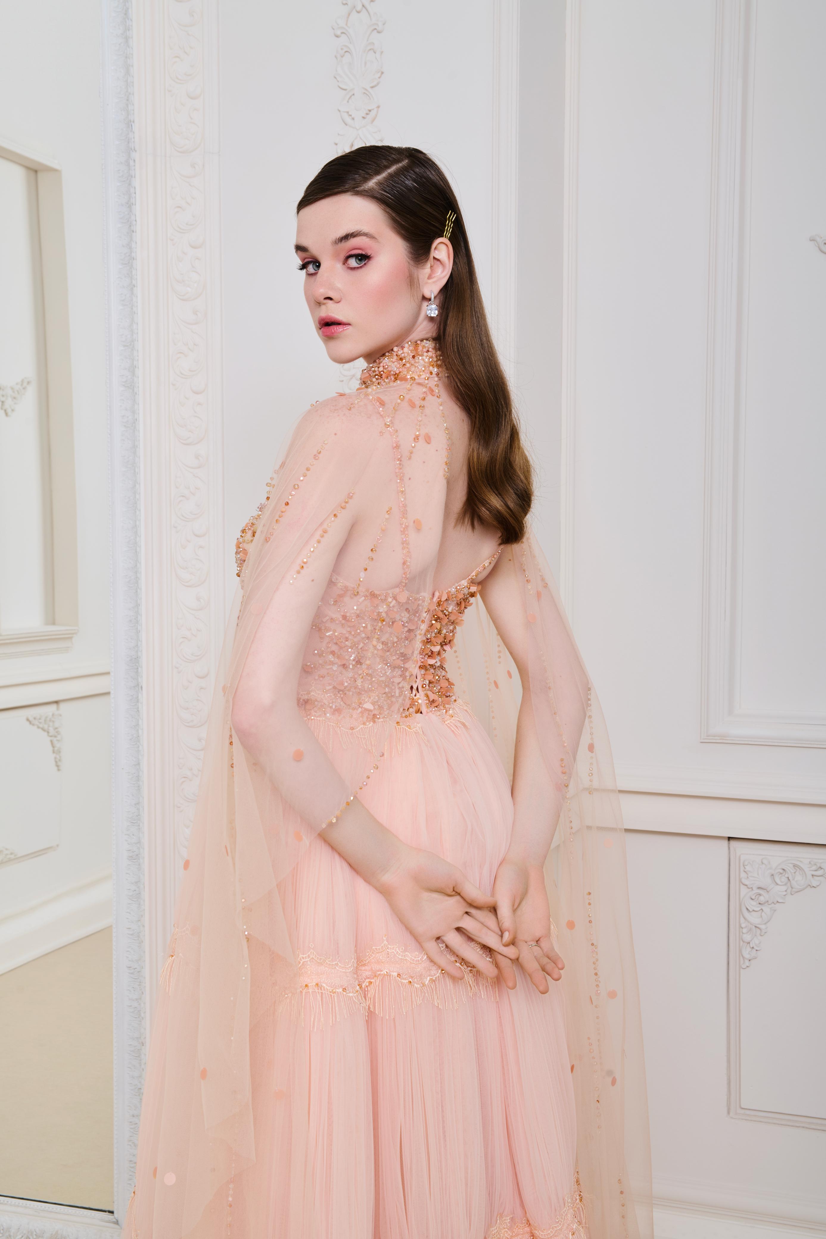 Li Beirut M1129 – Blush Beaded Sweetheart Gown with Illusion Cape & Tulle Skirt