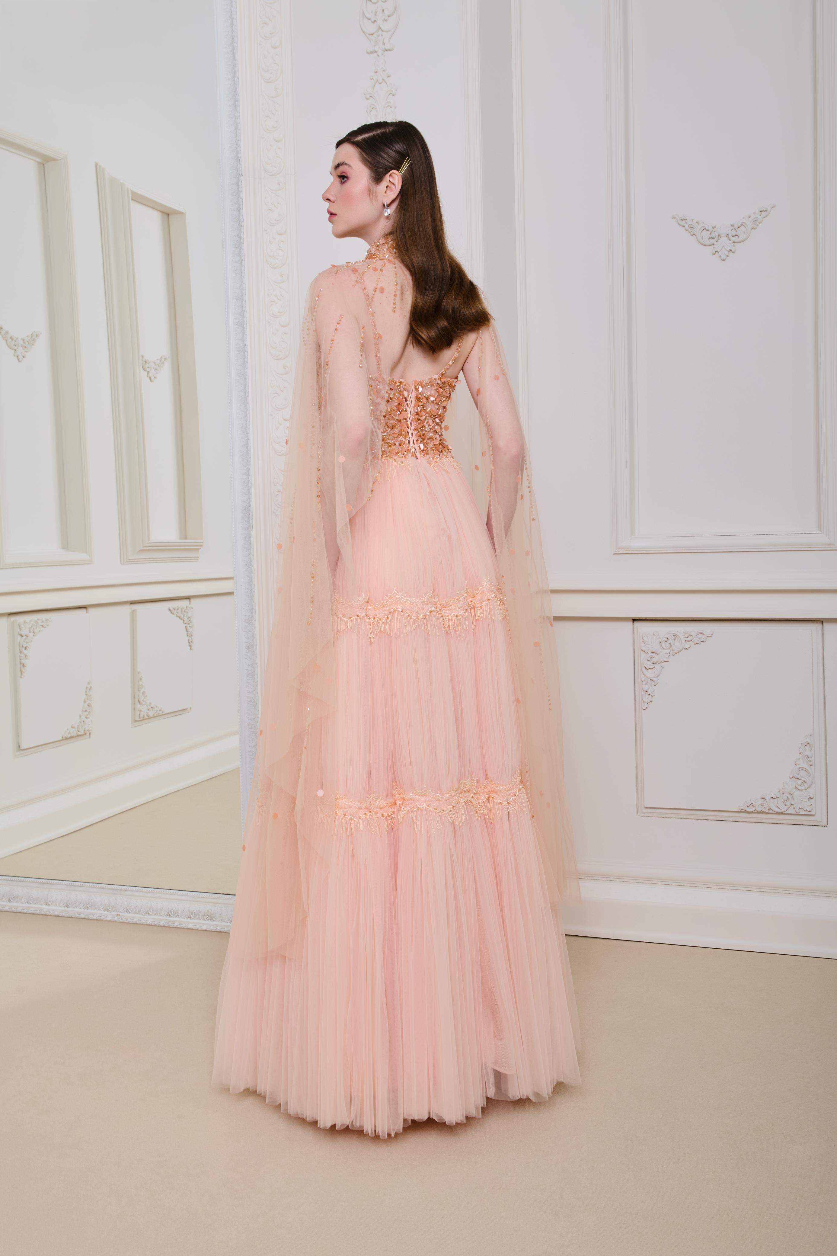 Li Beirut M1129 – Blush Beaded Sweetheart Gown with Illusion Cape & Tulle Skirt