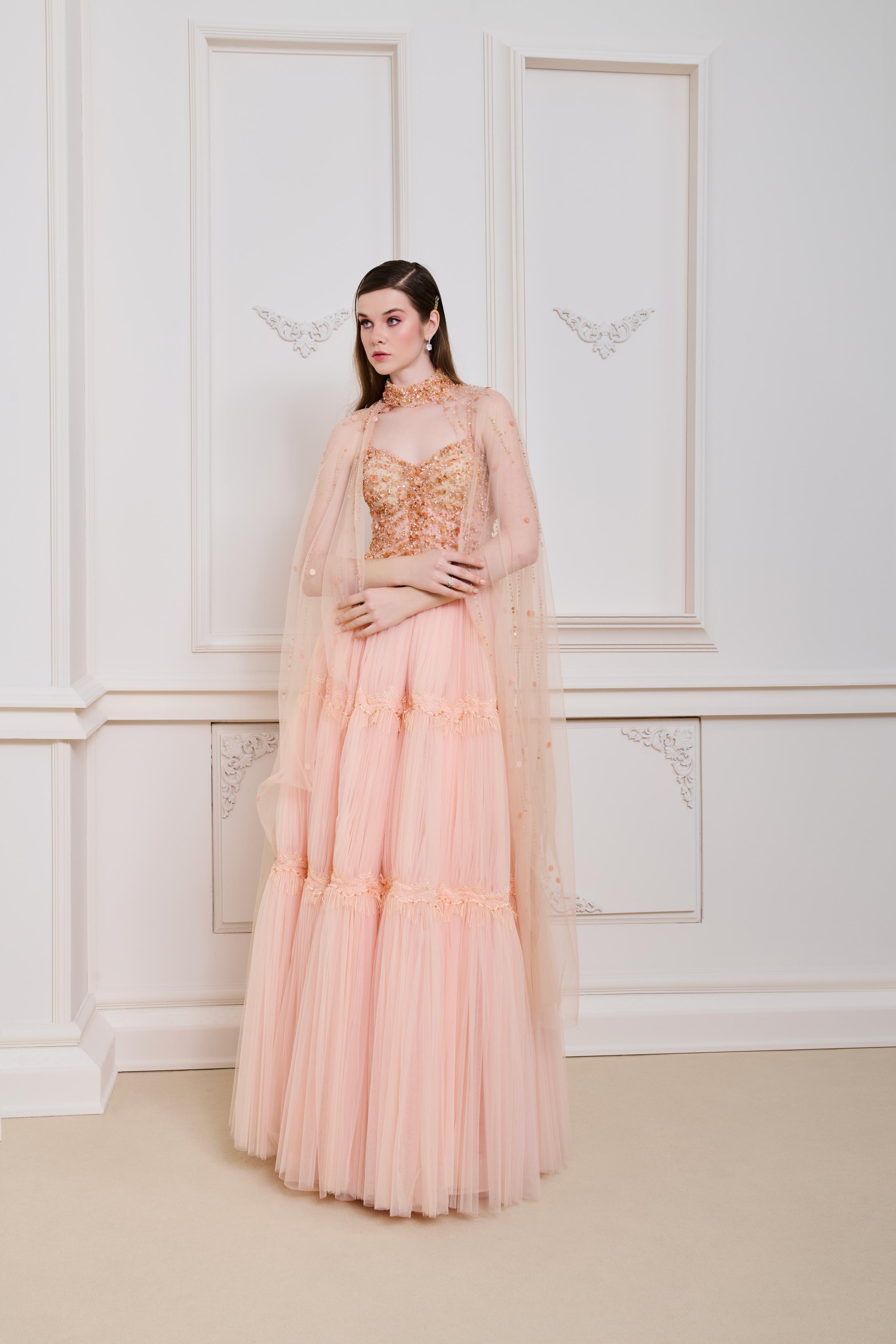 Li Beirut M1129 – Blush Beaded Sweetheart Gown with Illusion Cape & Tulle Skirt