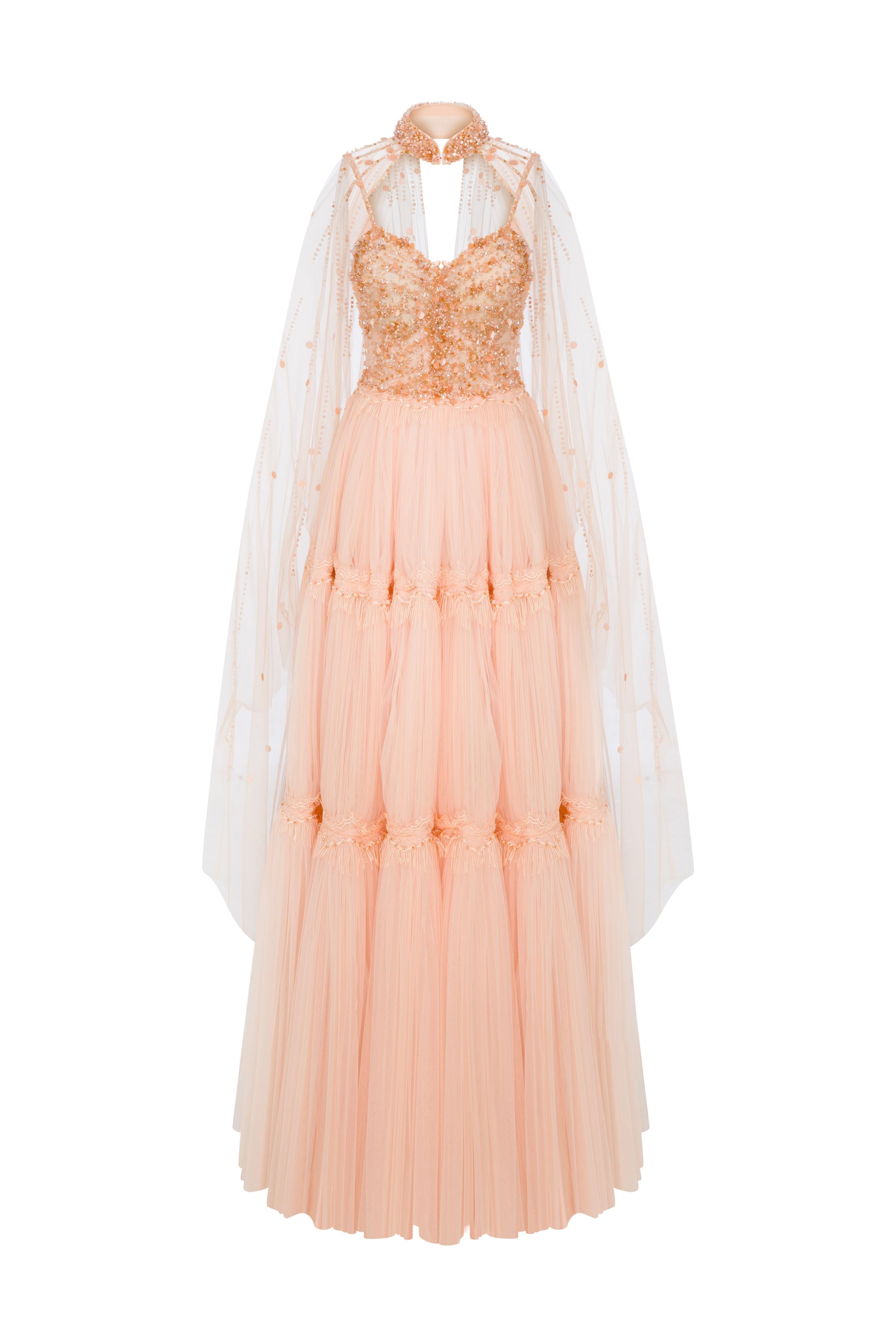 Li Beirut M1129 – Blush Beaded Sweetheart Gown with Illusion Cape & Tulle Skirt