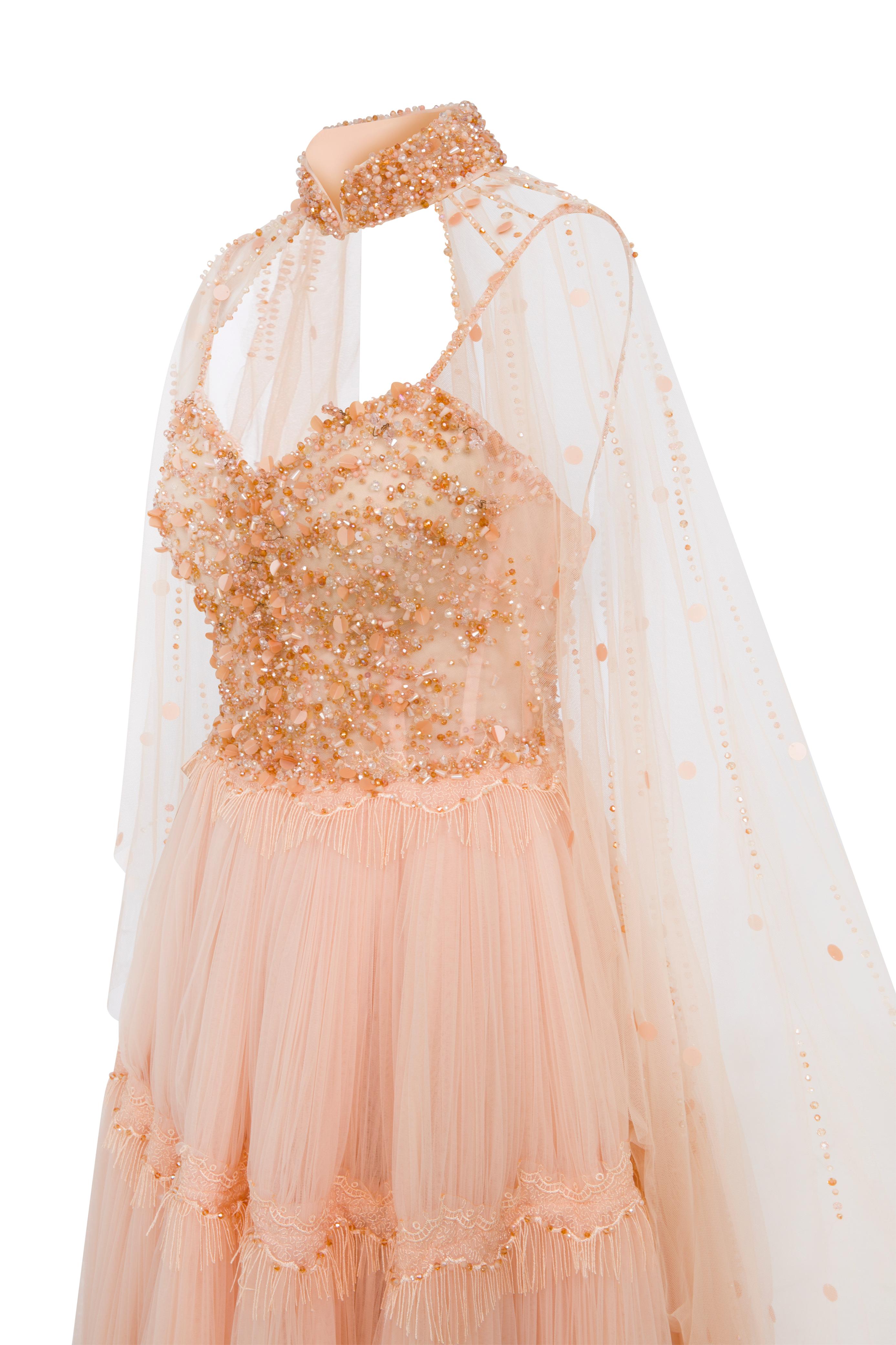 Li Beirut M1129 – Blush Beaded Sweetheart Gown with Illusion Cape & Tulle Skirt