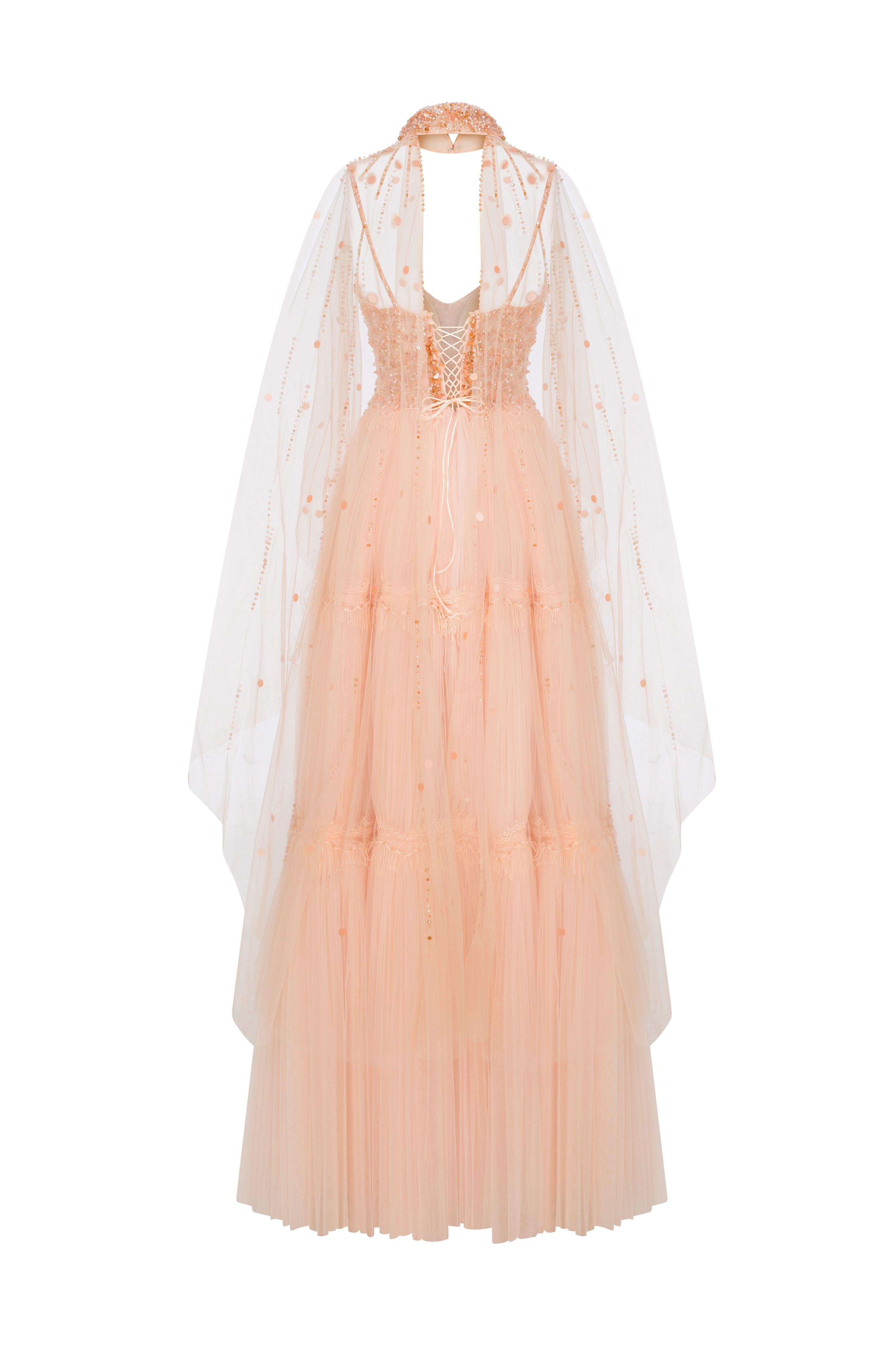 Li Beirut M1129 – Blush Beaded Sweetheart Gown with Illusion Cape & Tulle Skirt