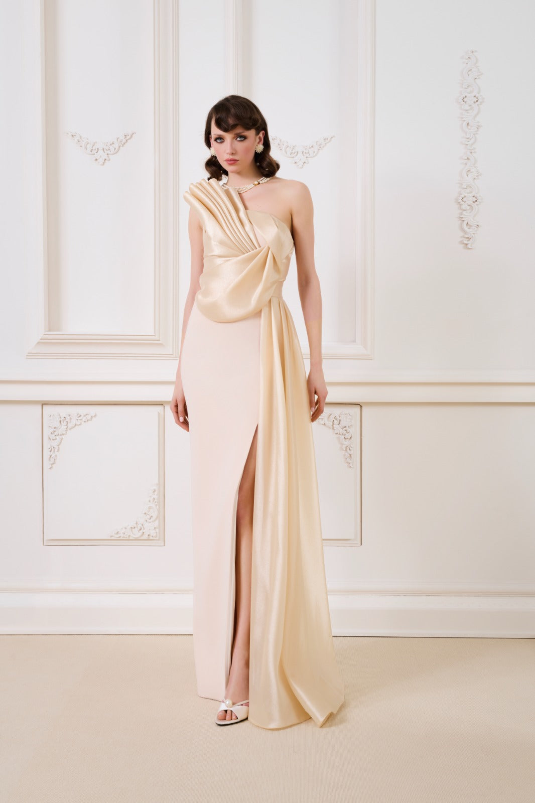 Li Beirut M1130 – One-Shoulder Draped Evening Gown with Slit | 4 Colors
