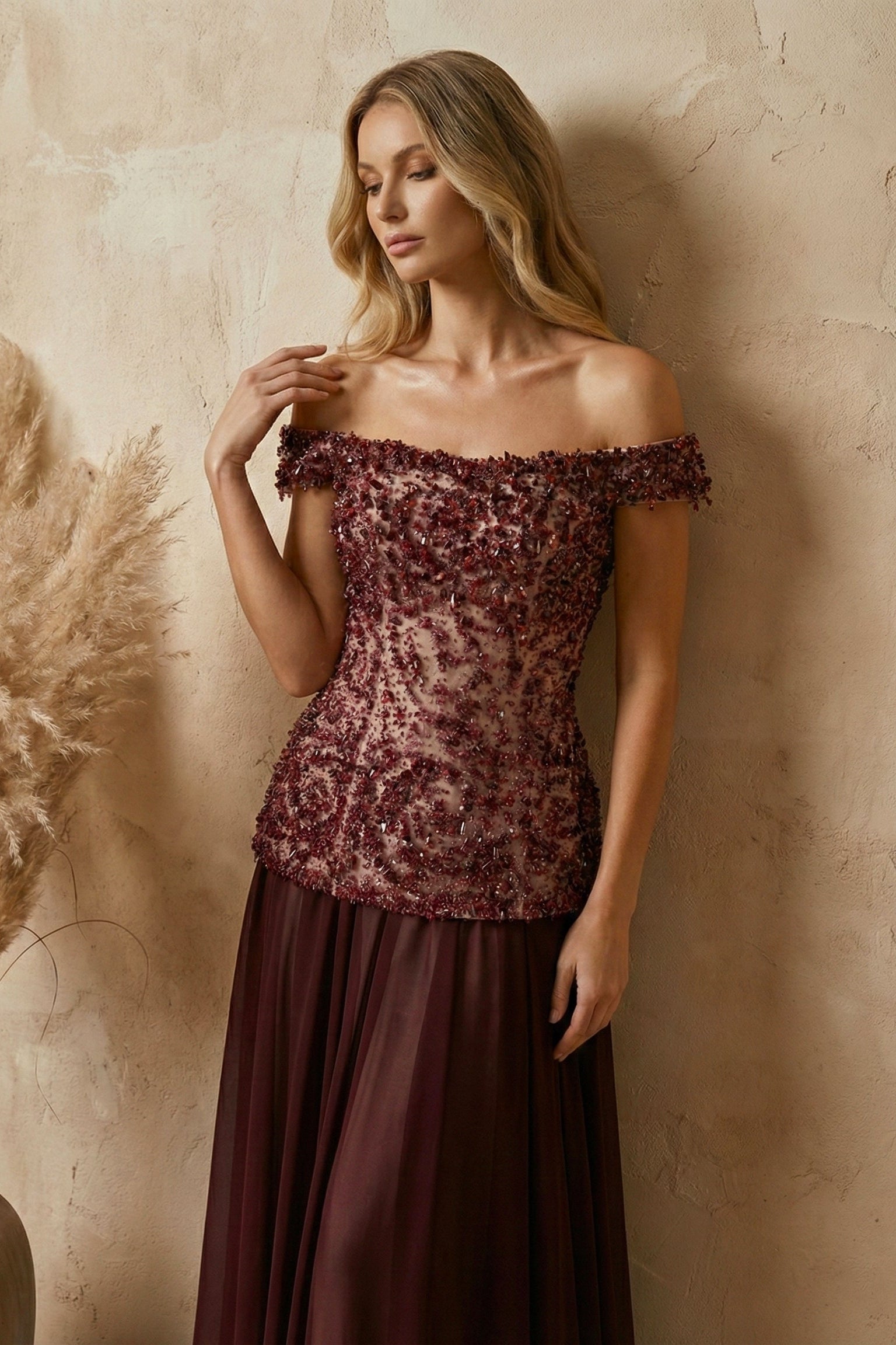 Li Beirut M1133 – Burgundy Off-Shoulder Beaded Evening Gown with Chiffon Skirt