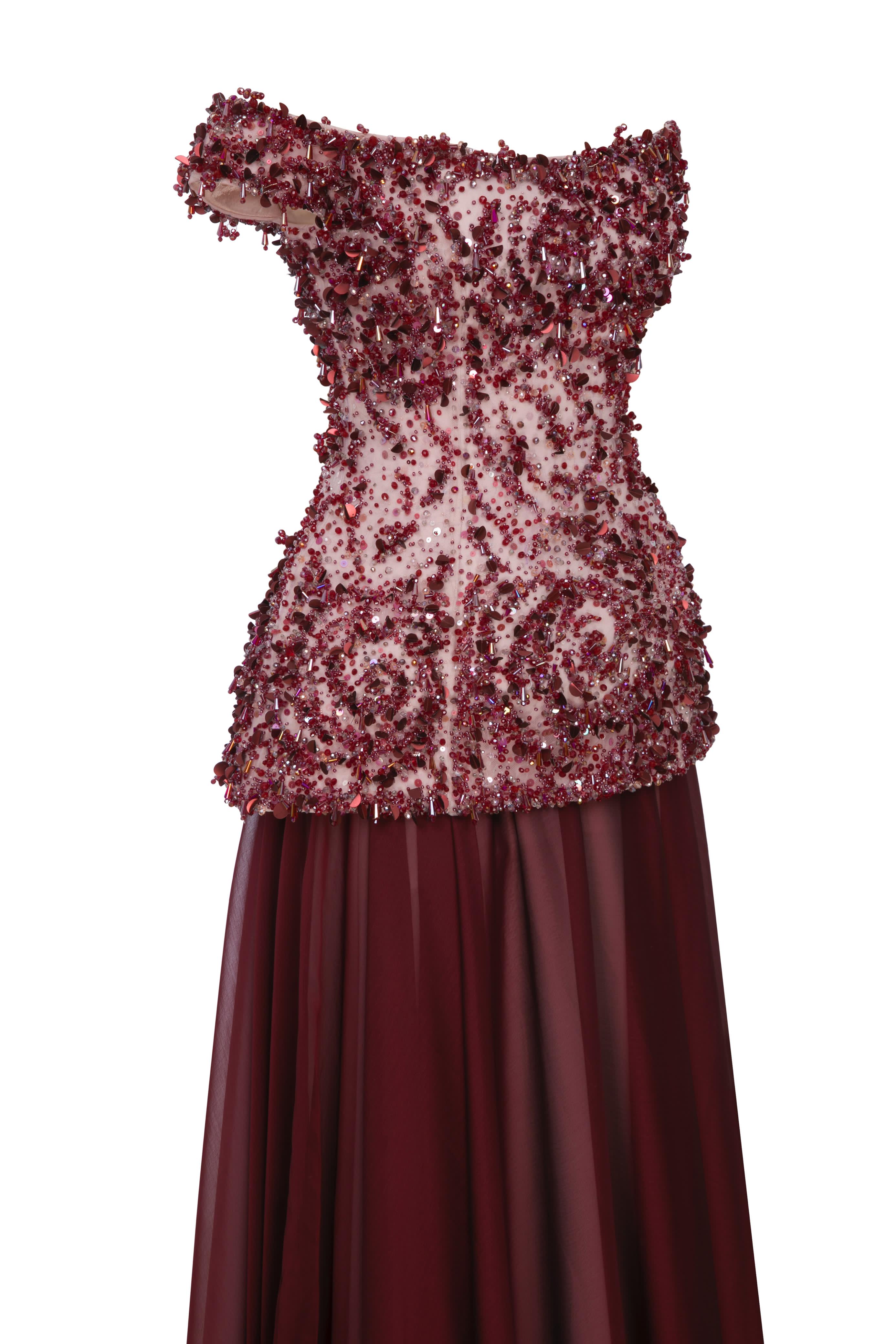Li Beirut M1133 – Burgundy Off-Shoulder Beaded Evening Gown with Chiffon Skirt