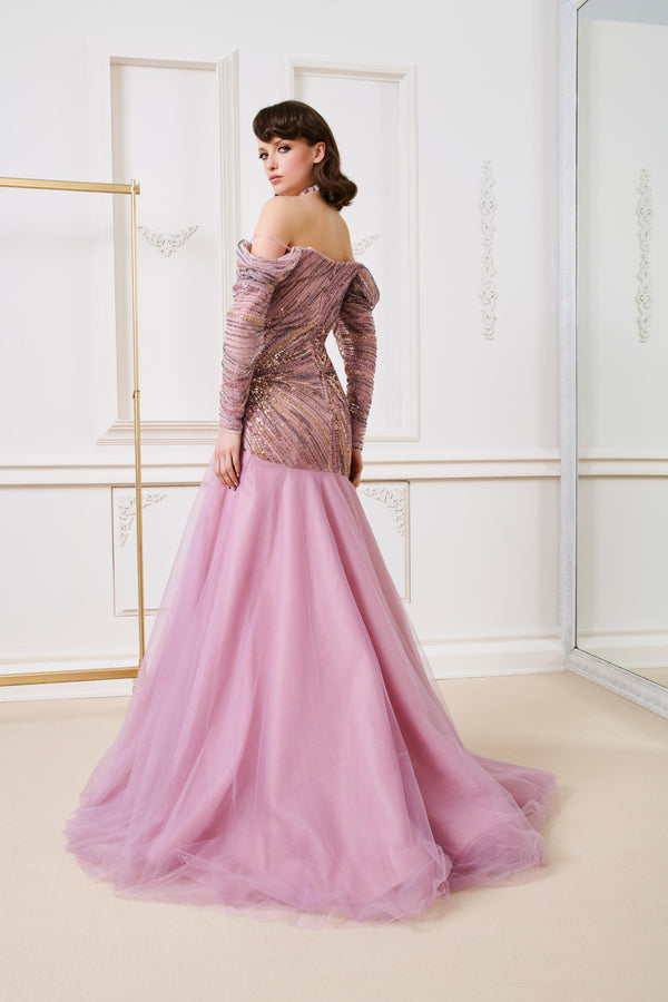 Li Beirut M1135 – Blush Pink Off-Shoulder Beaded Gown with Draped Sleeves & Layered Tulle Skirt