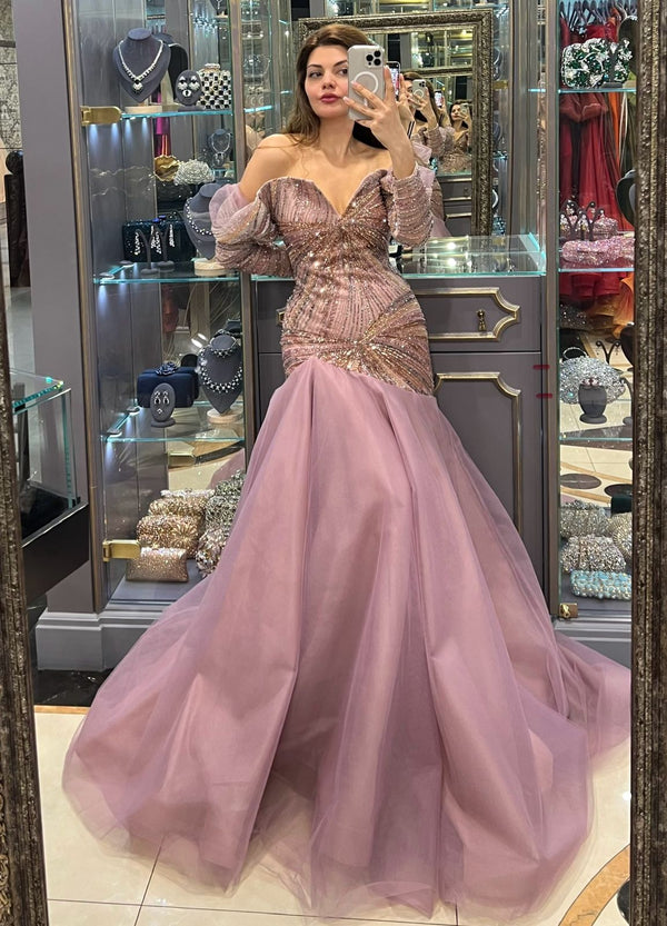 Li Beirut M1135 – Blush Pink Off-Shoulder Beaded Gown with Draped Sleeves & Layered Tulle Skirt