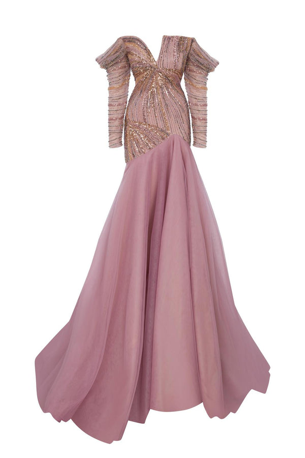 Li Beirut M1135 – Blush Pink Off-Shoulder Beaded Gown with Draped Sleeves & Layered Tulle Skirt