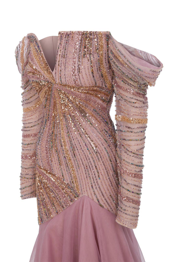 Li Beirut M1135 – Blush Pink Off-Shoulder Beaded Gown with Draped Sleeves & Layered Tulle Skirt