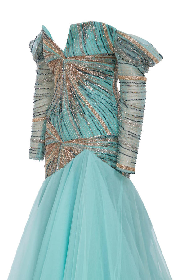 Li Beirut M1135 – Blush Pink Off-Shoulder Beaded Gown with Draped Sleeves & Layered Tulle Skirt
