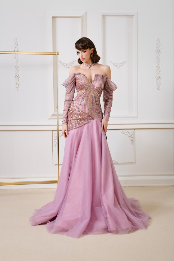 Li Beirut M1135 – Blush Pink Off-Shoulder Beaded Gown with Draped Sleeves & Layered Tulle Skirt