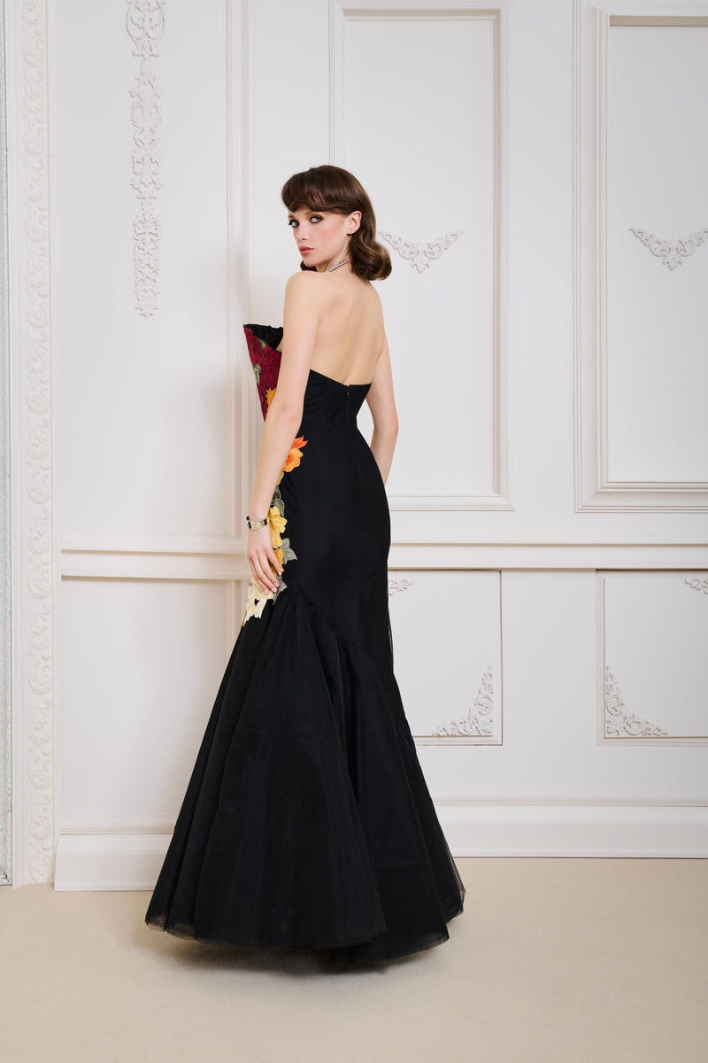 Li Beirut M1136 – Black Strapless Mermaid Gown with 3D Floral Embroidery