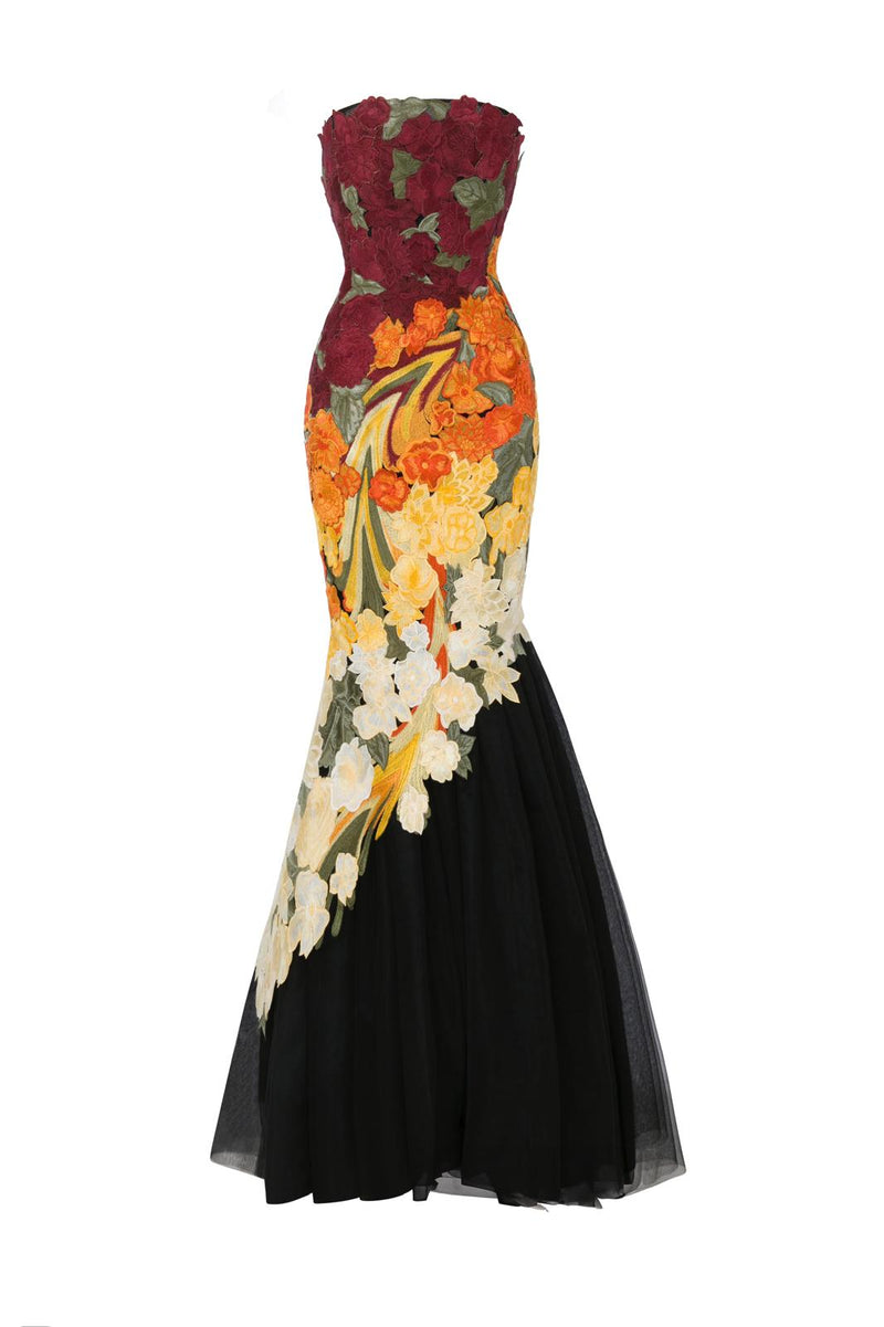 Li Beirut M1136 – Black Strapless Mermaid Gown with 3D Floral Embroidery