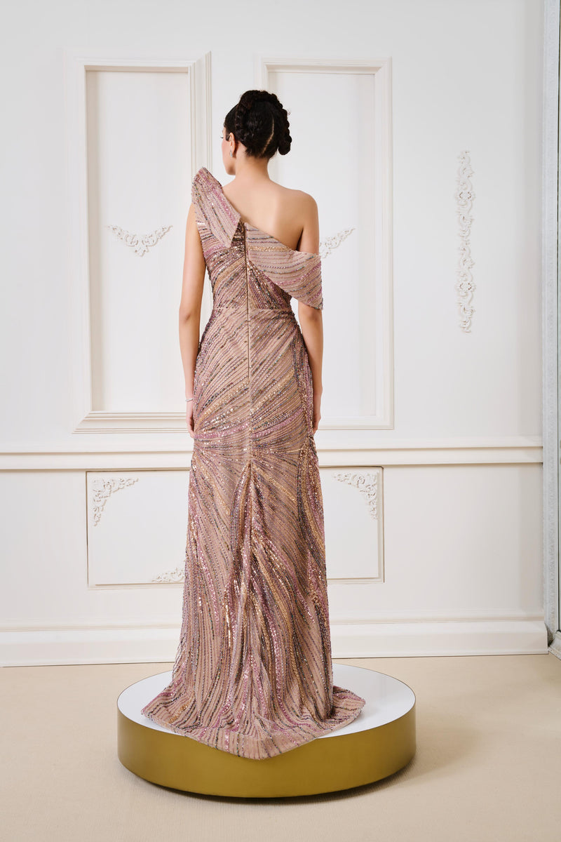 Li Beirut M1137 – Rose Gold One-Shoulder Beaded Evening Gown with Front Slit