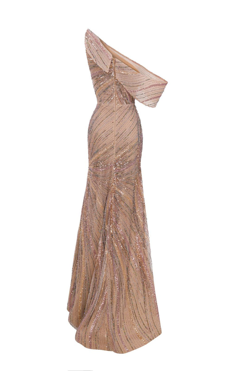 Li Beirut M1137 – Rose Gold One-Shoulder Beaded Evening Gown with Front Slit