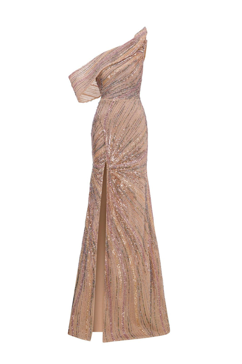 Li Beirut M1137 – Rose Gold One-Shoulder Beaded Evening Gown with Front Slit