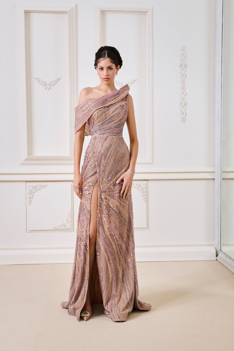 Li Beirut M1137 – Rose Gold One-Shoulder Beaded Evening Gown with Front Slit