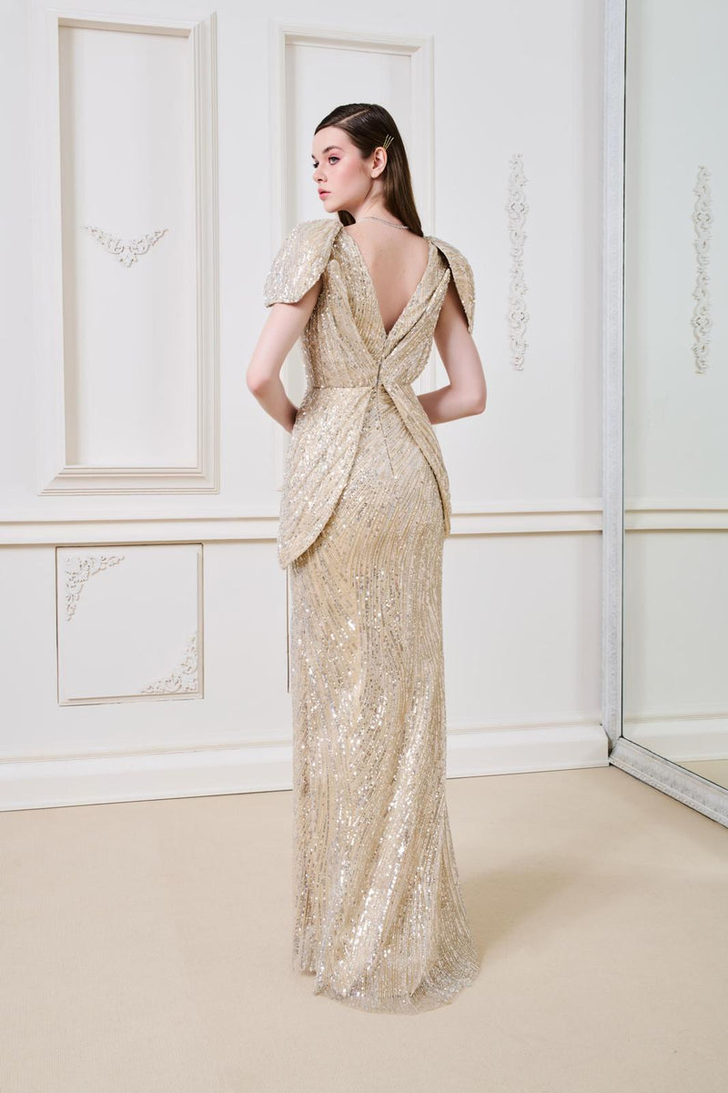 Li Beirut M1138 – Gold Sequin Deep V Evening Gown with Sculptural Hip Panels