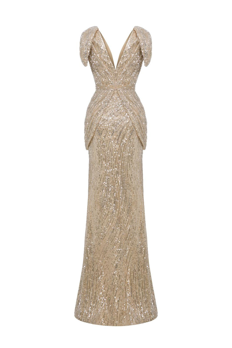 Li Beirut M1138 – Gold Sequin Deep V Evening Gown with Sculptural Hip Panels