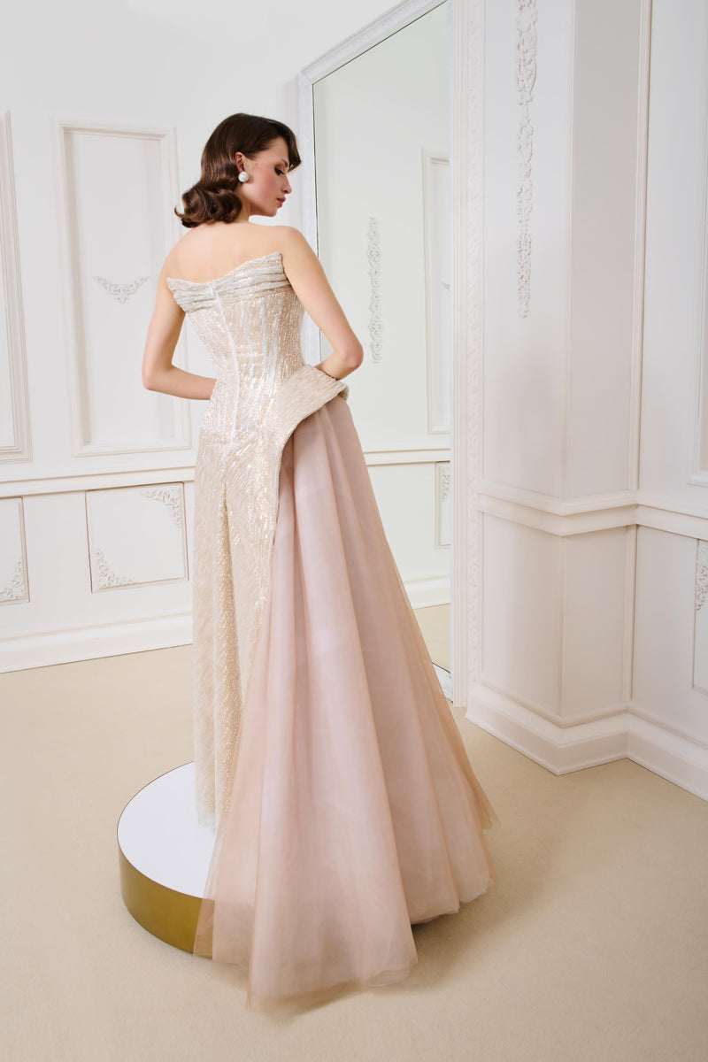 Li Beirut M1139 – Gold Strapless Sequin Evening Gown with Blush Tulle Overlay