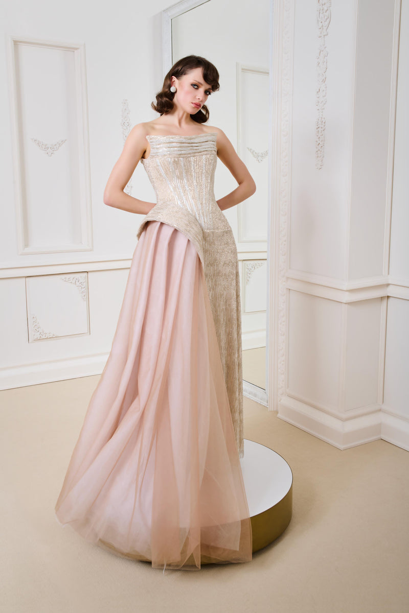 Li Beirut M1139 – Gold Strapless Sequin Evening Gown with Blush Tulle Overlay