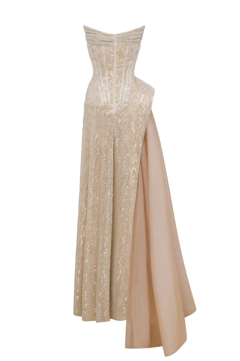 Li Beirut M1139 – Gold Strapless Sequin Evening Gown with Blush Tulle Overlay