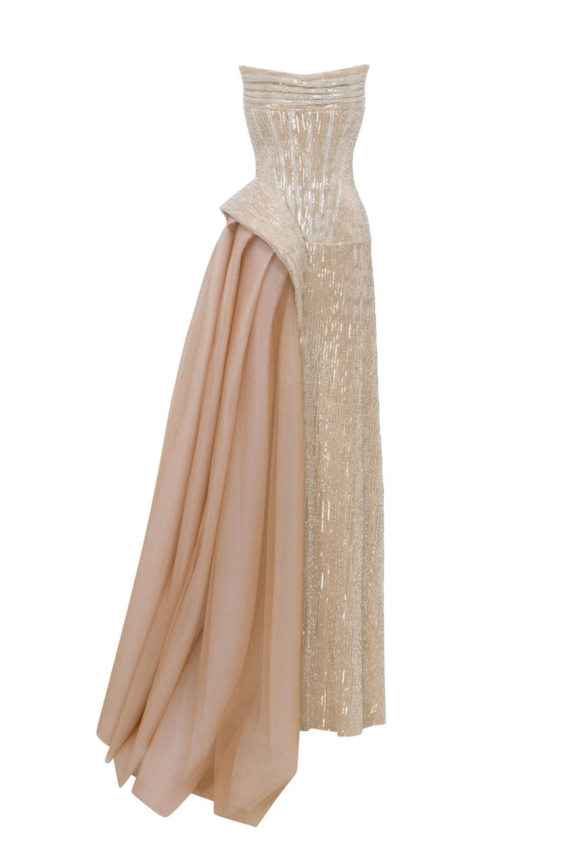 Li Beirut M1139 – Gold Strapless Sequin Evening Gown with Blush Tulle Overlay
