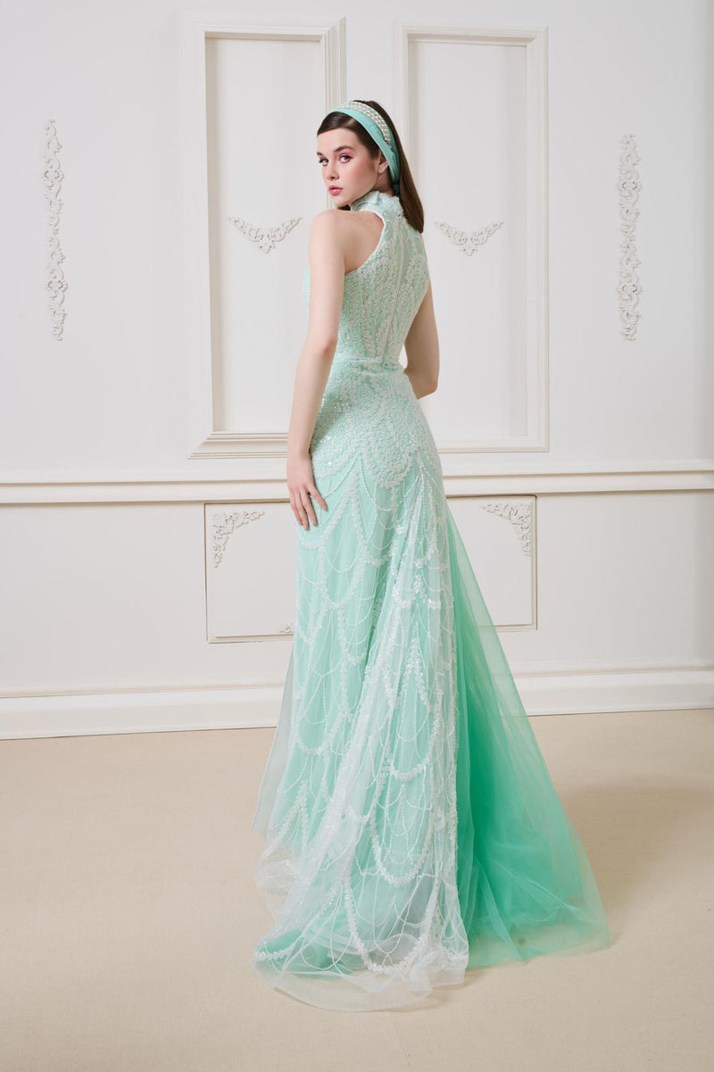 Li Beirut M1140 – Mint Halter Sequin Evening Gown with Tulle Overlay