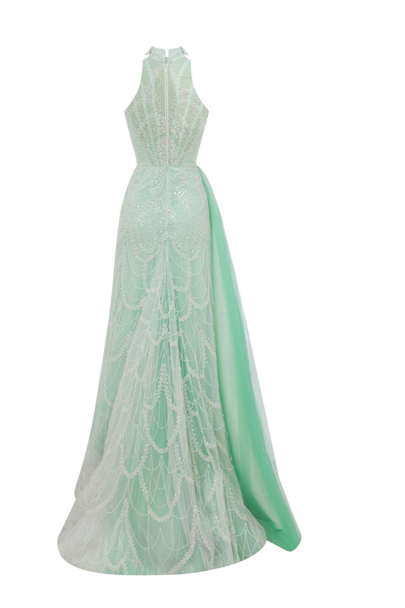Li Beirut M1140 – Mint Halter Sequin Evening Gown with Tulle Overlay