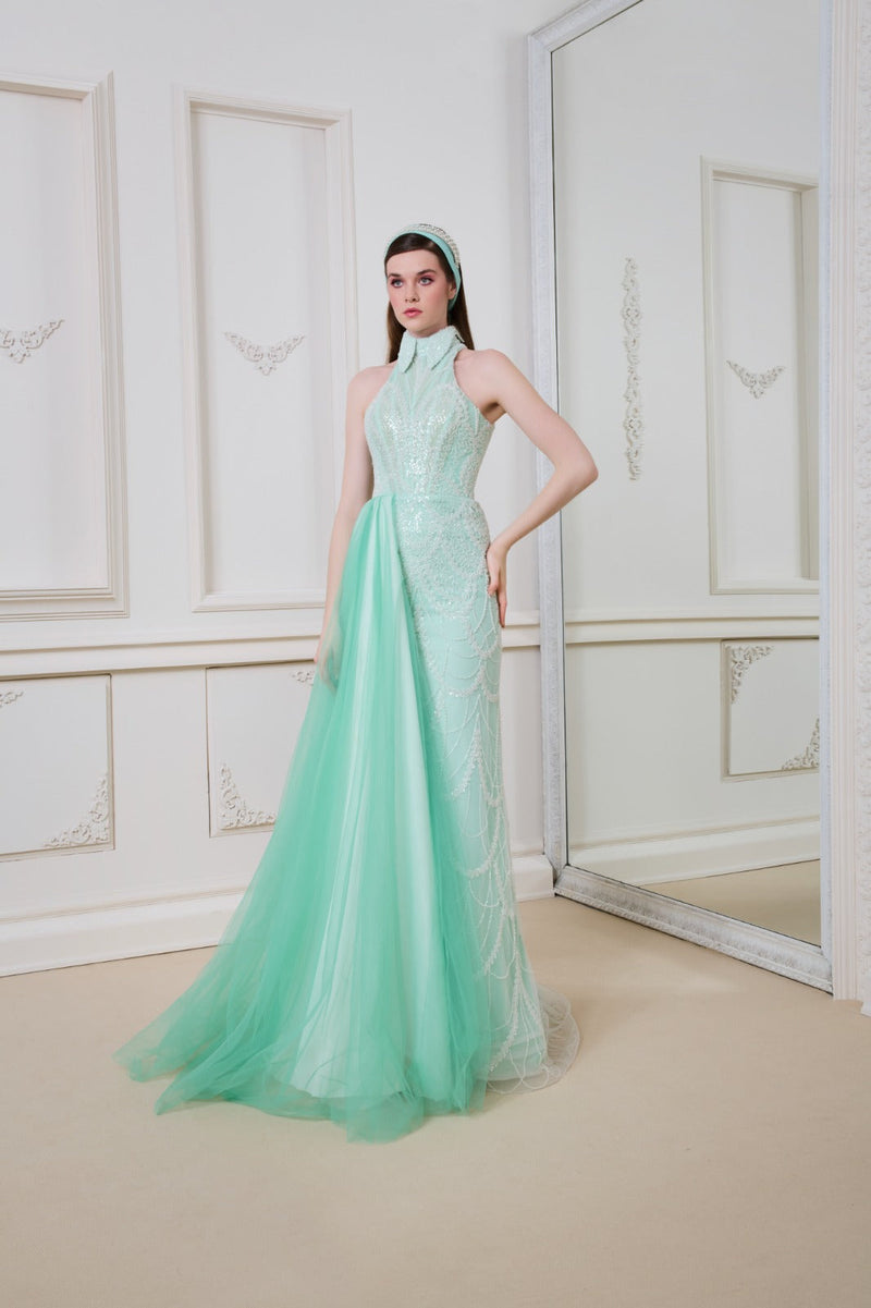 Li Beirut M1140 – Mint Halter Sequin Evening Gown with Tulle Overlay