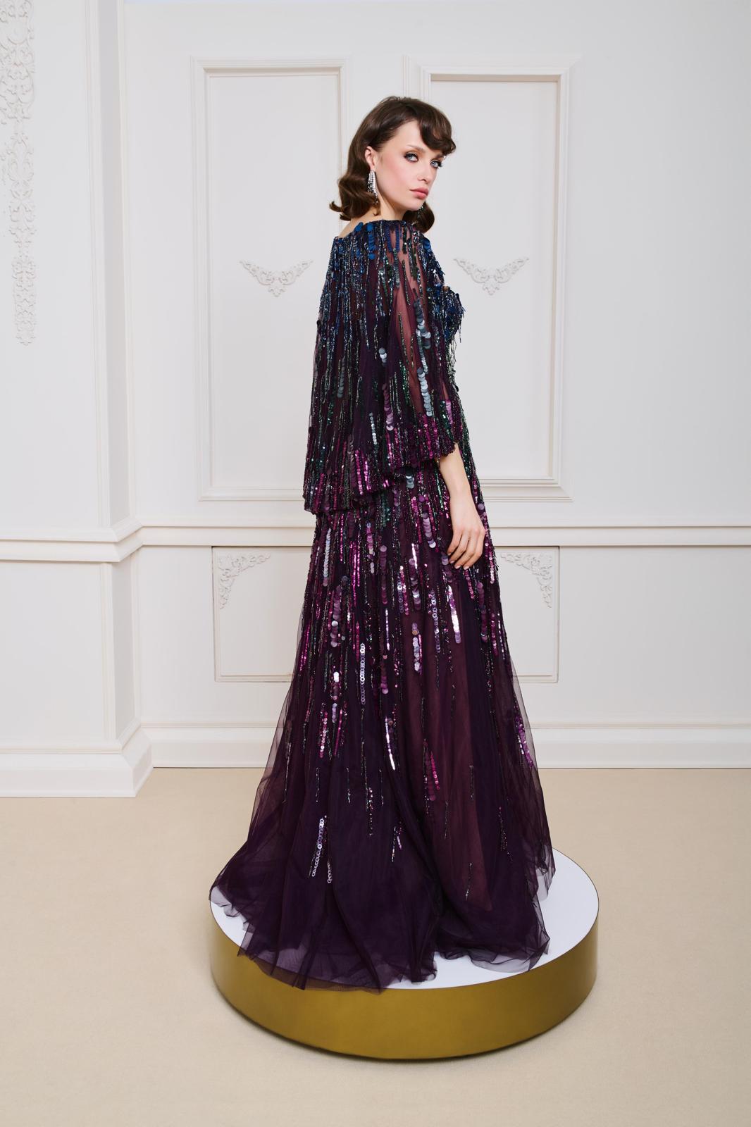 Li Beirut M1146 – Iridescent Sequin Cape Evening Gown with Fringe Sleeves