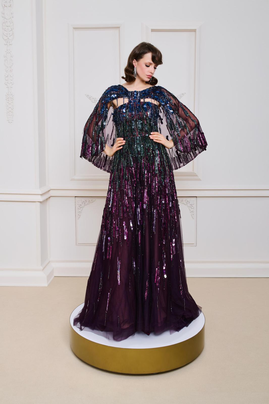 Li Beirut M1146 – Iridescent Sequin Cape Evening Gown with Fringe Sleeves
