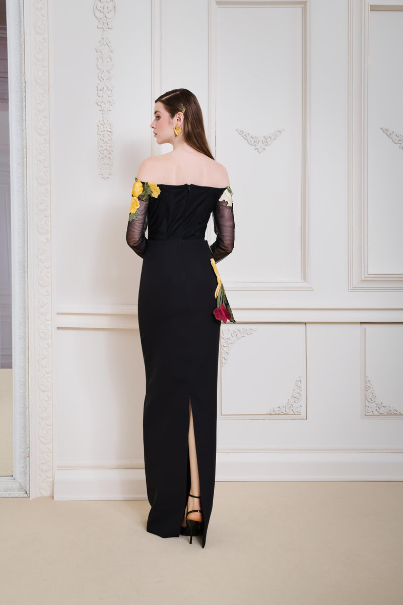 Li Beirut M1147 – Black Off-Shoulder Floral Embroidered Evening Gown