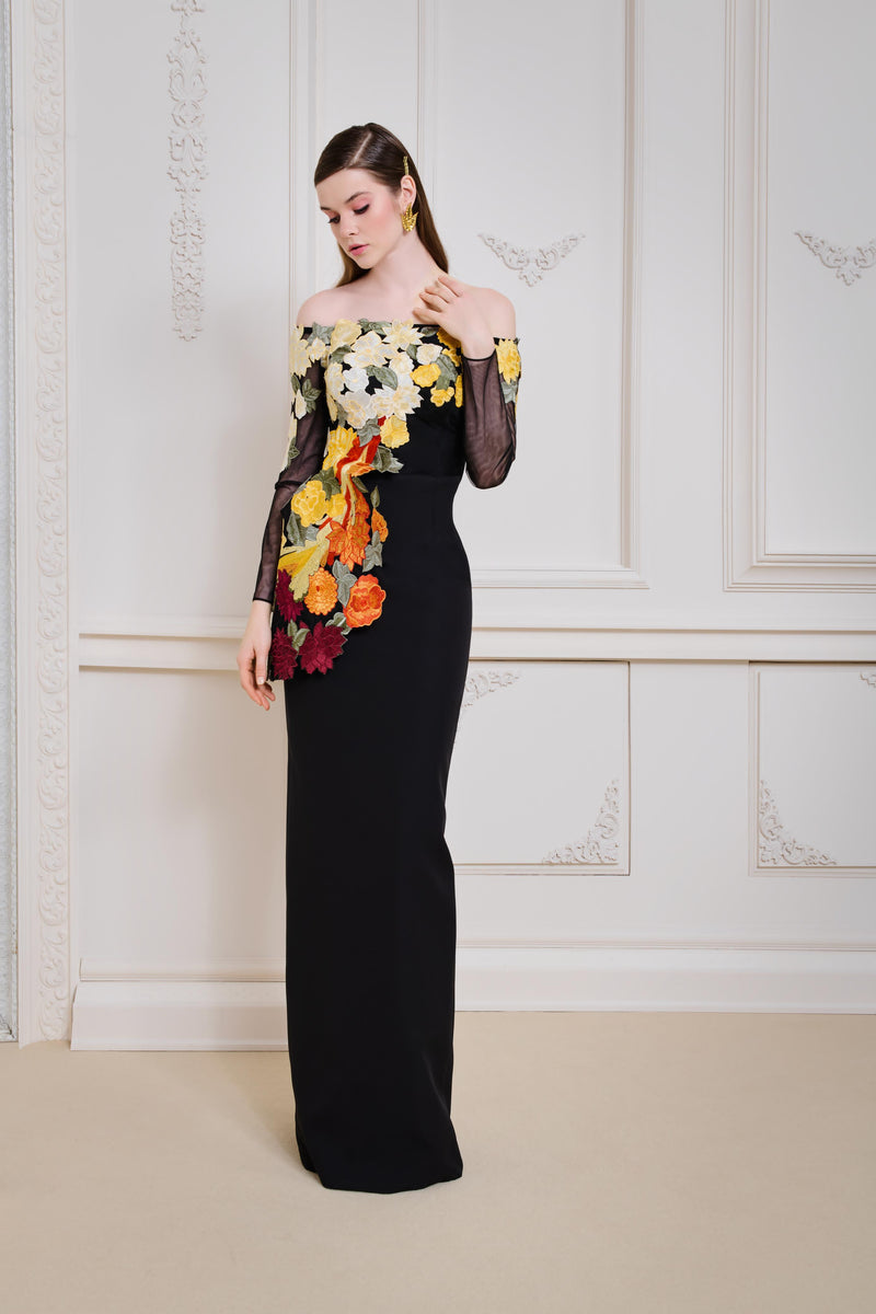 Li Beirut M1147 – Black Off-Shoulder Floral Embroidered Evening Gown