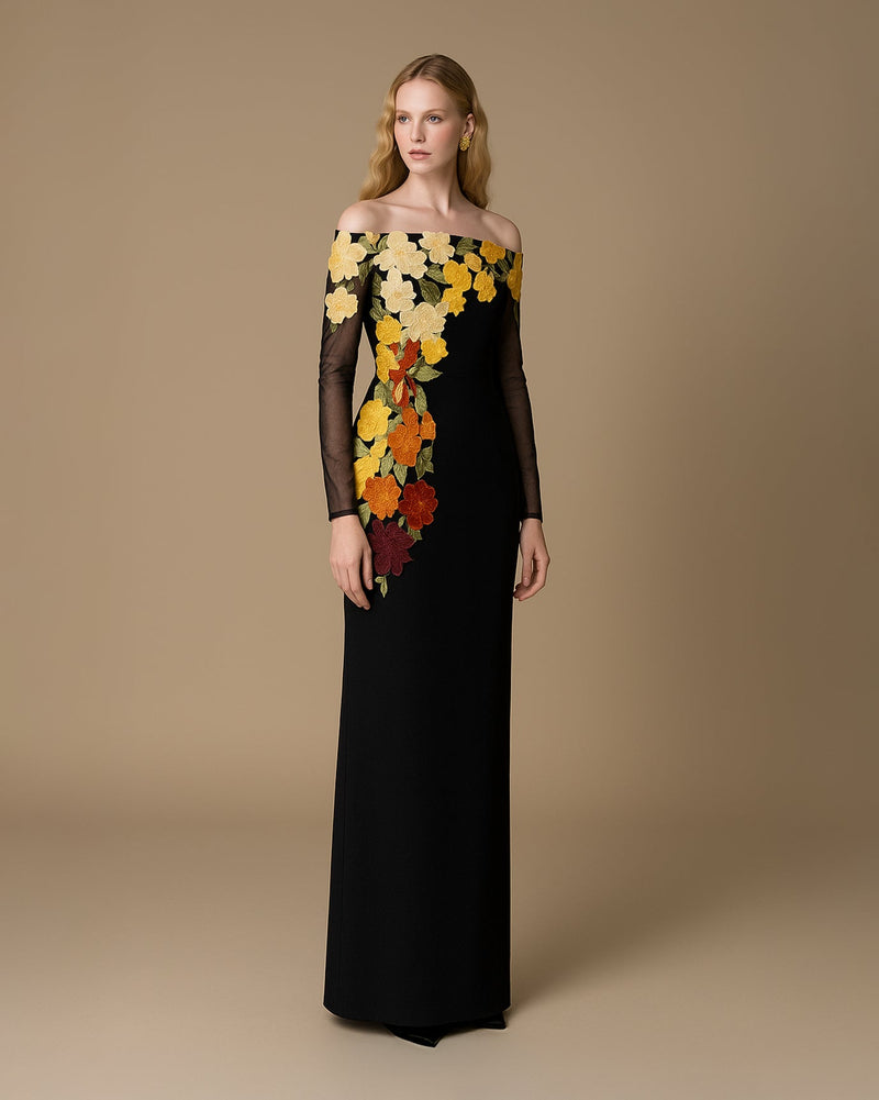 Li Beirut M1147 – Black Off-Shoulder Floral Embroidered Evening Gown