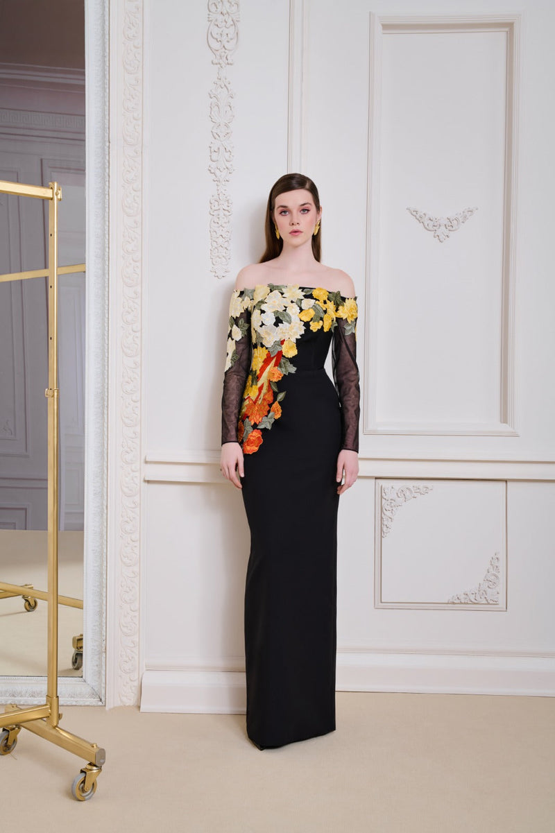 Li Beirut M1147 – Black Off-Shoulder Floral Embroidered Evening Gown