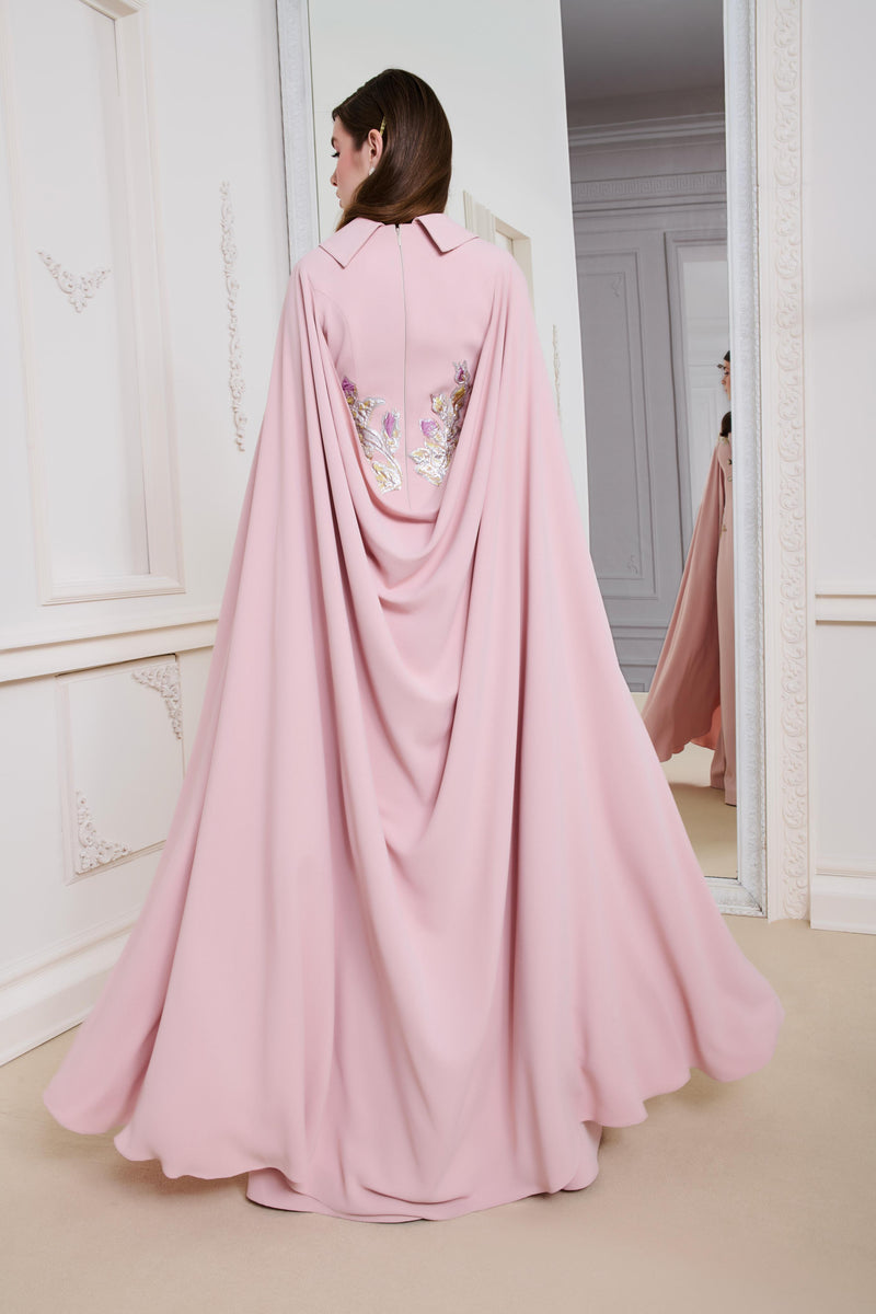 Li Beirut M1149 – Blush A-Line Cape Evening Gown with Floral Embroidery