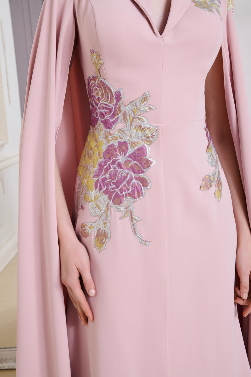 Li Beirut M1149 – Blush A-Line Cape Evening Gown with Floral Embroidery