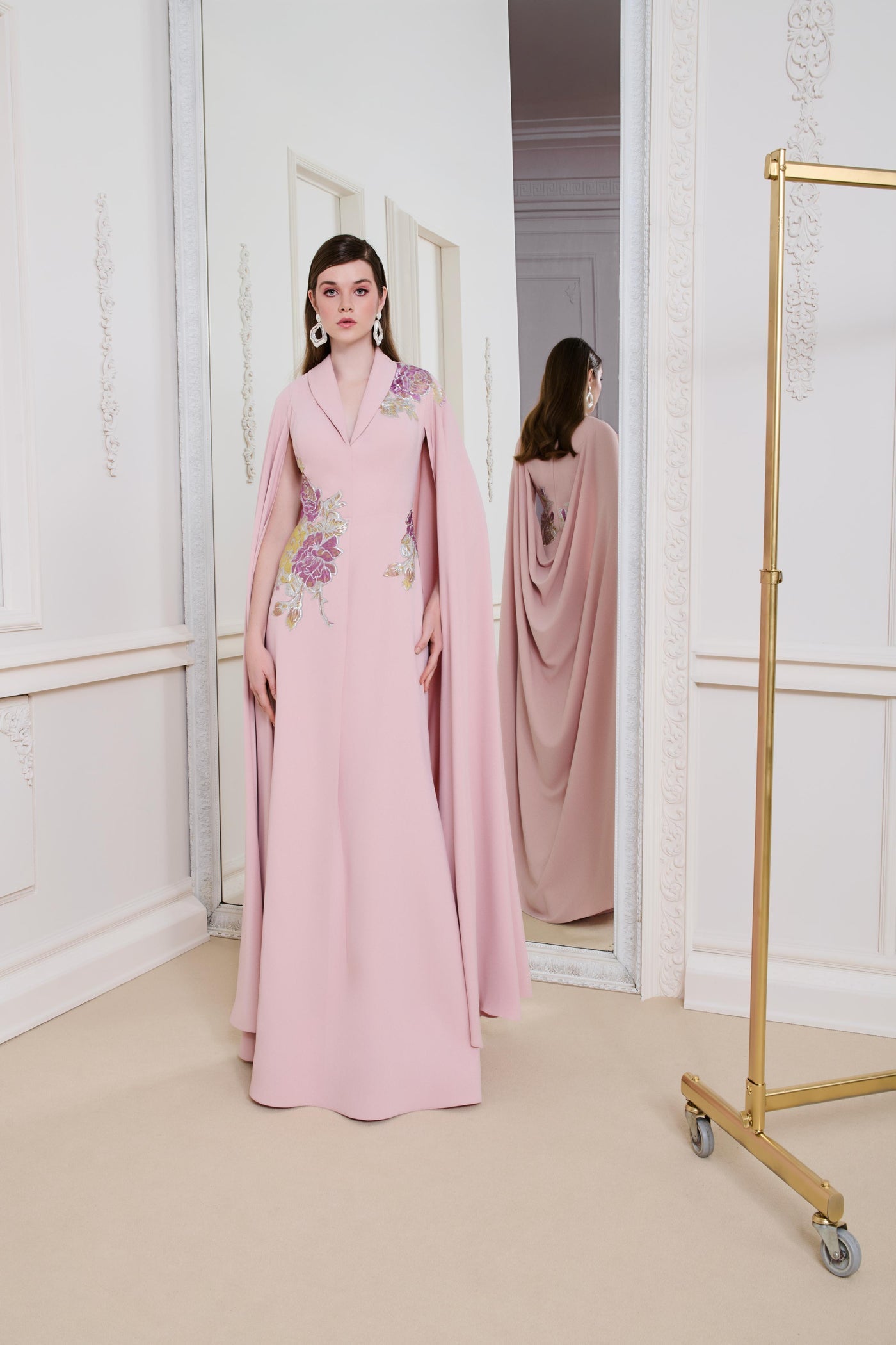 Li Beirut M1149 – Blush A-Line Cape Evening Gown with Floral Embroidery