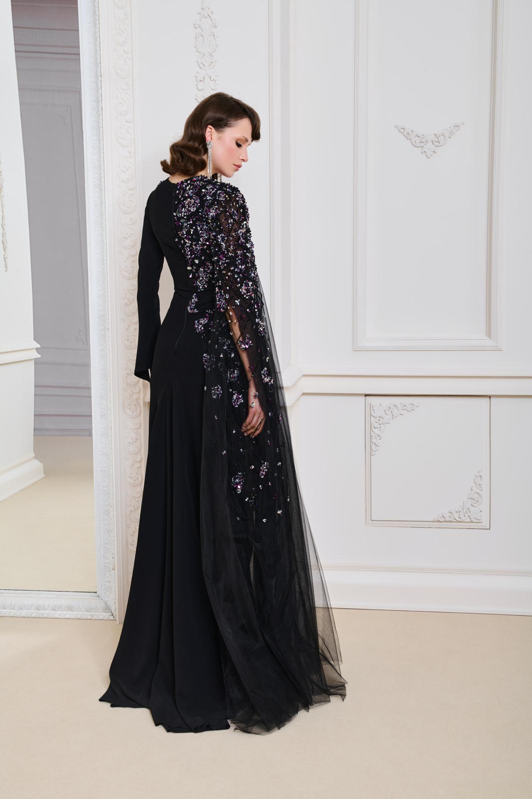 Li Beirut M1160 – Black Asymmetric Embellished Evening Gown with Tulle & High Slit