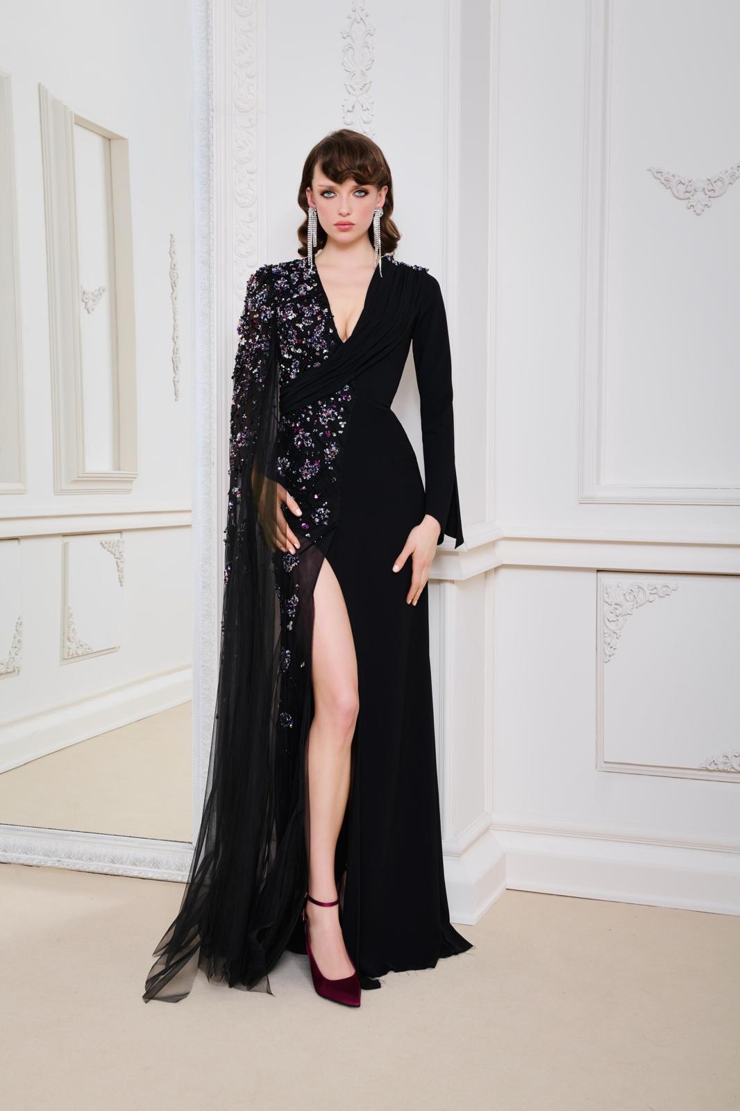 Li Beirut M1160 – Black Asymmetric Embellished Evening Gown with Tulle & High Slit