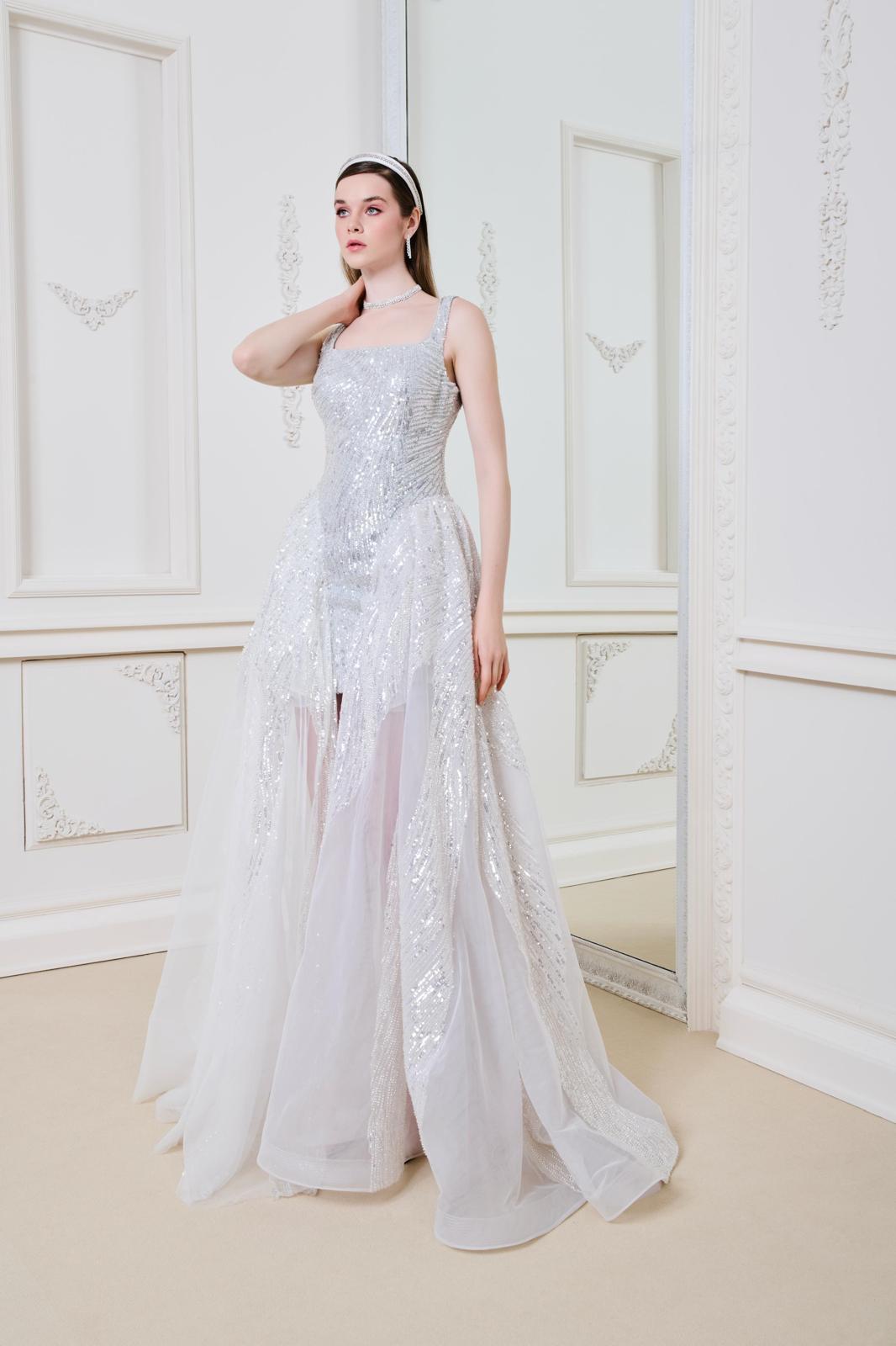 Li Beirut M1164 – Silver Sequin Layered Sheer Evening Gown with Square Neck