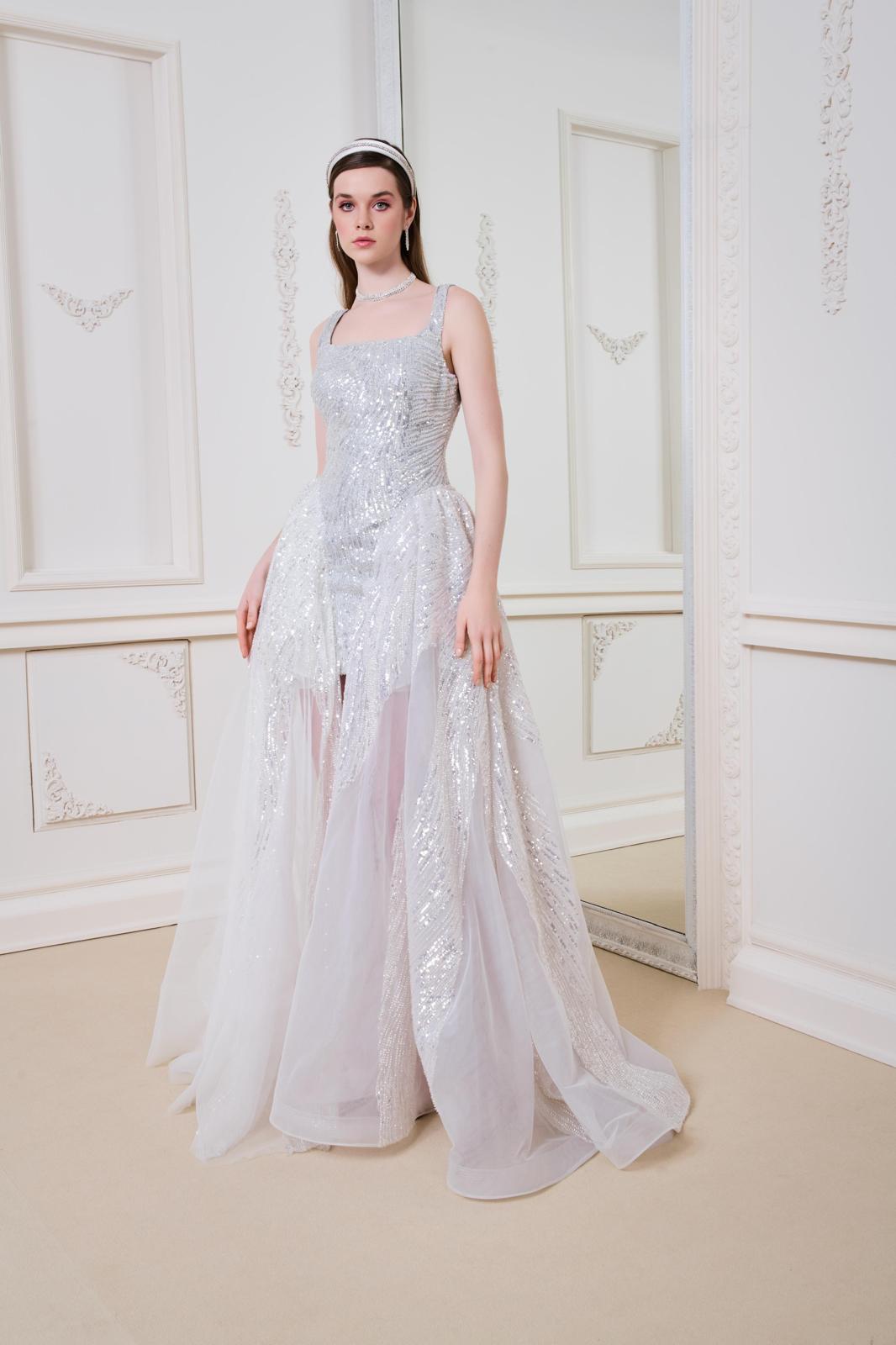 Li Beirut M1164 – Silver Sequin Layered Sheer Evening Gown with Square Neck