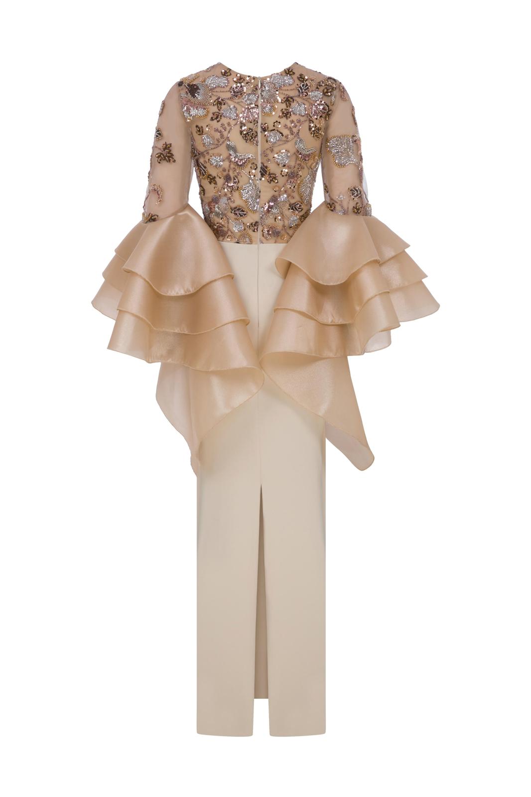 Li Beirut M1165 – Nude Embellished Mermaid Evening Gown with Ruffle Sleeves
