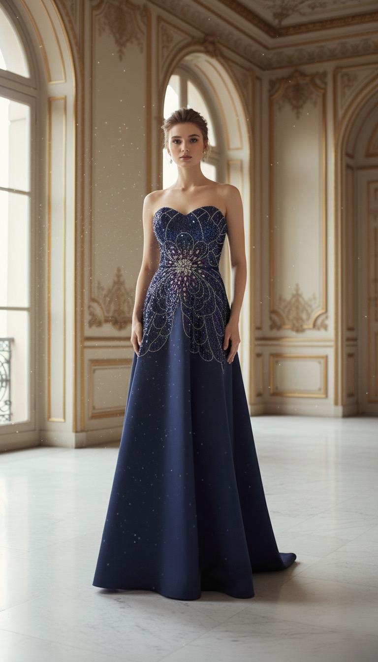 Li Beirut M1167 – Strapless Embellished Ball Gown in Coral & Navy