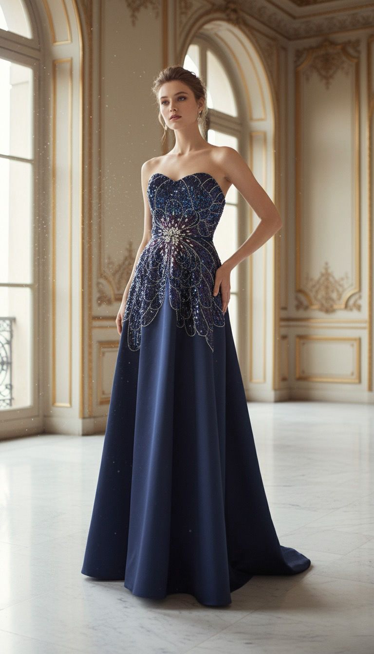 Li Beirut M1167 – Strapless Embellished Ball Gown in Coral & Navy