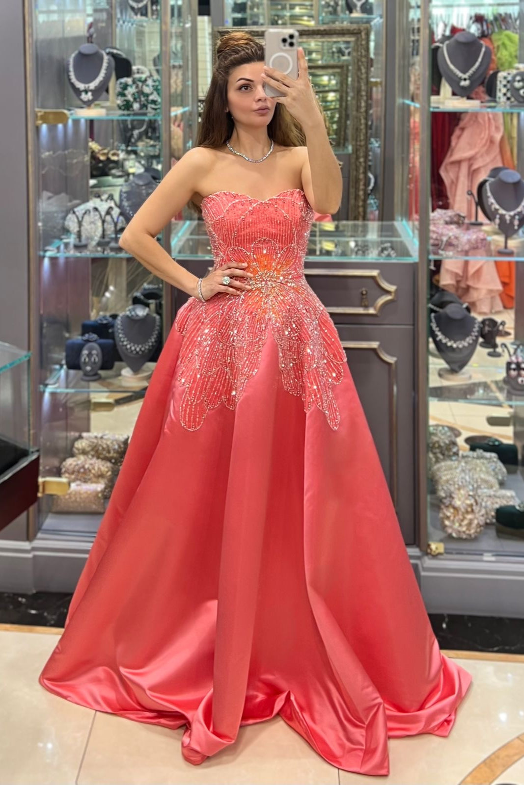 Li Beirut M1167 – Strapless Embellished Ball Gown in Coral & Navy