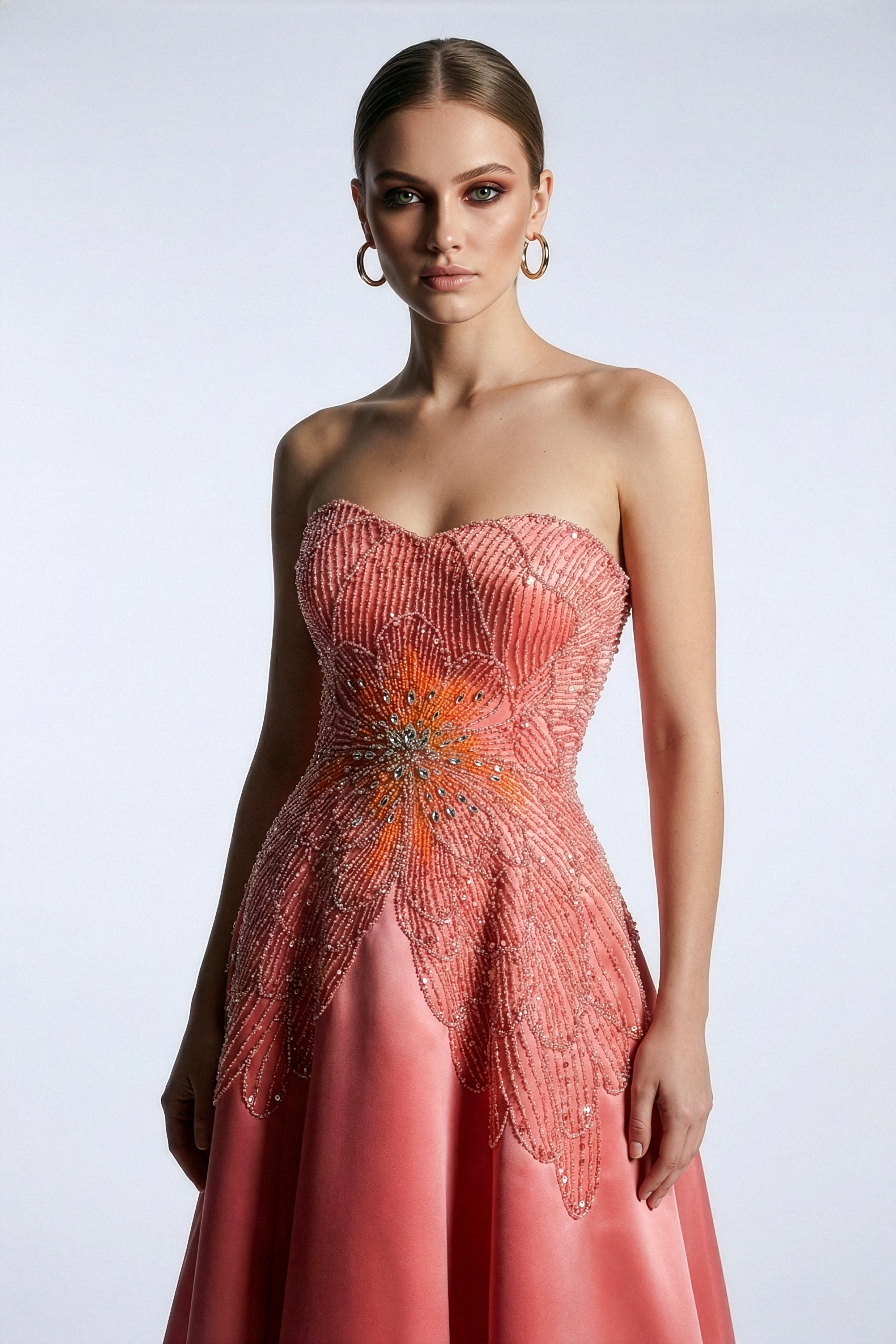 Li Beirut M1167 – Strapless Embellished Ball Gown in Coral & Navy