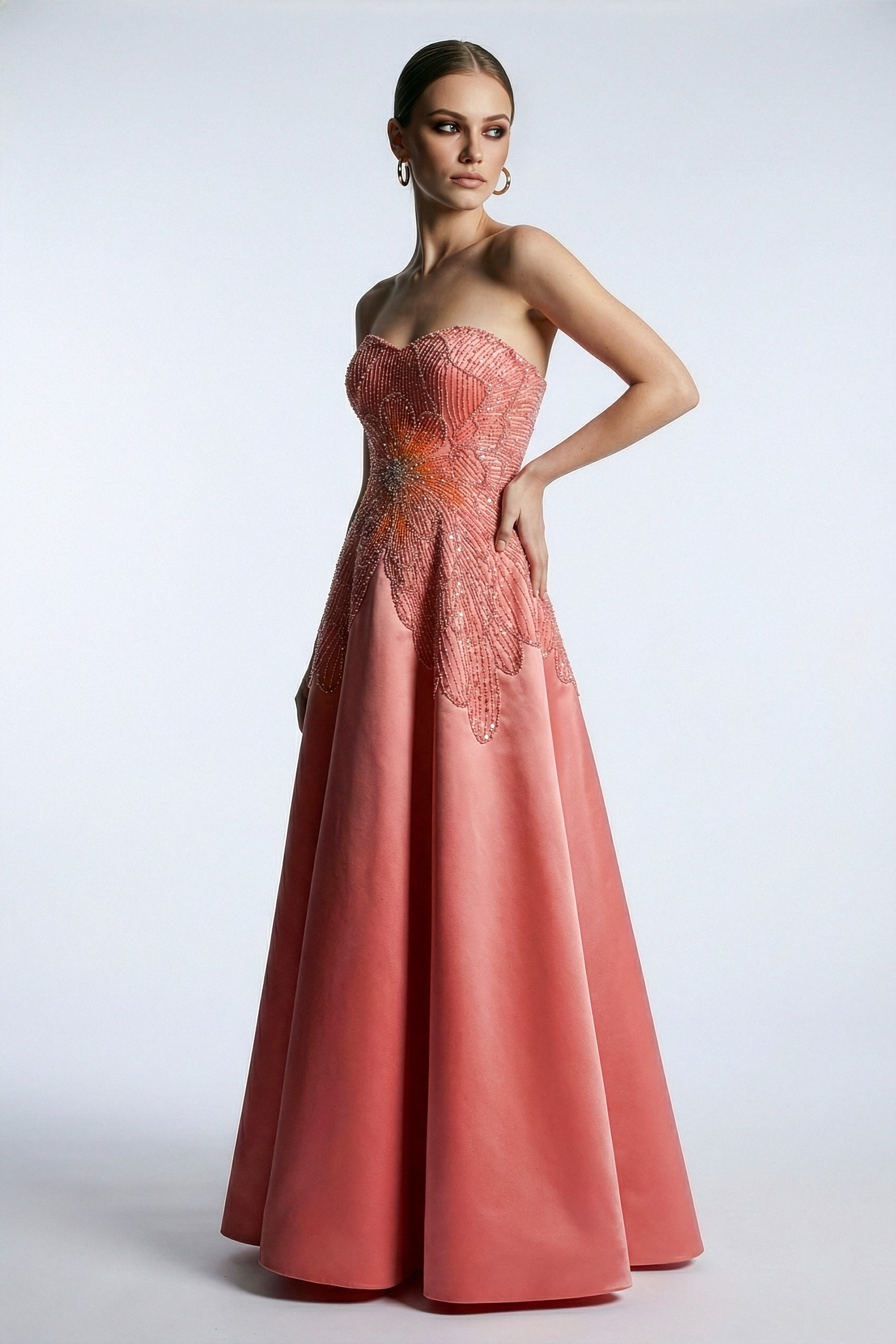 Li Beirut M1167 – Strapless Embellished Ball Gown in Coral & Navy