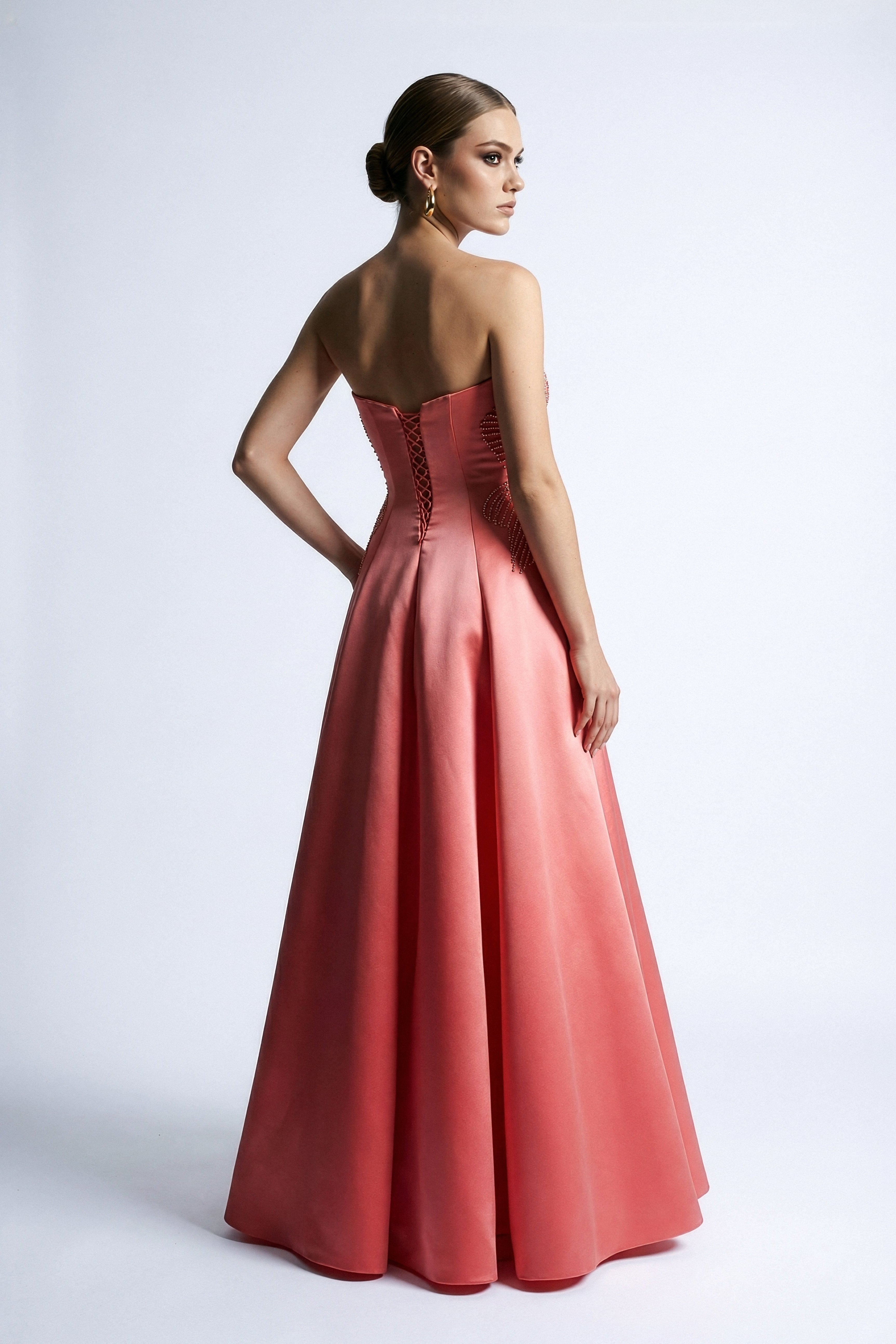 Li Beirut M1167 – Strapless Embellished Ball Gown in Coral & Navy
